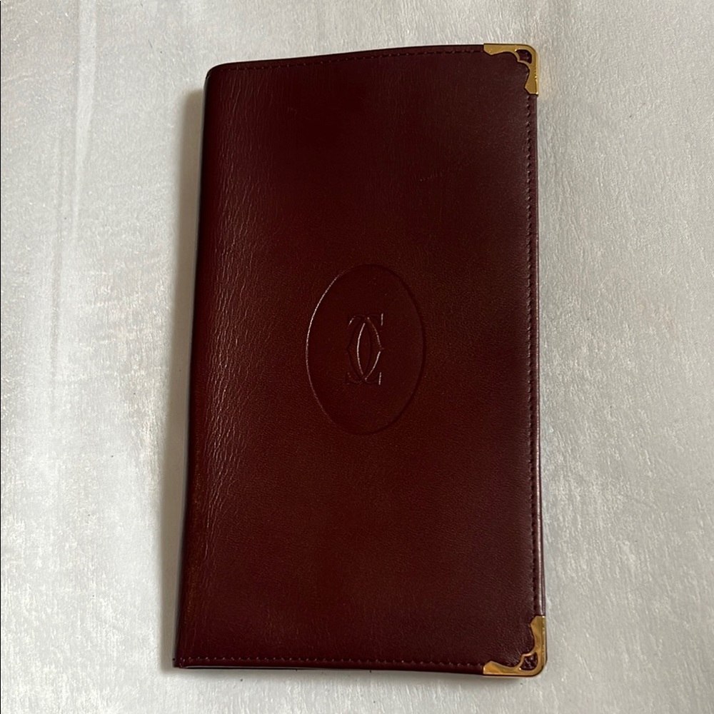 Cartier Burgundy Leather Long Wallet with Gold Corner Accents